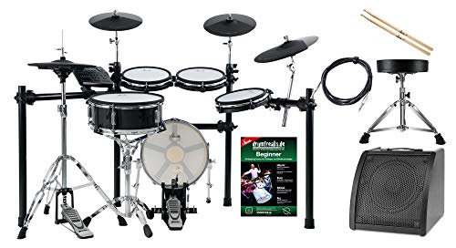 XDrum DD-650 Mesh E-Drum Kit Live Set - elektronisches Schlagzeug mit echter HiHat - 14" Snare-Pad und 14" Kick-Pad aus Holz - inklusive Rack, Hocker, Monitor, Kabel und Sticks - Black Sparkle  
