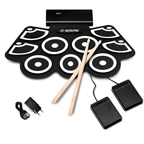 COSTWAY 9 Pads E-Drum, elektronisches Schlagzeug Set mit Bluetooth, Roll-Up-Trommel inkl. Pedale und Drumsticks für Kinder und Anfänger, schwarz  