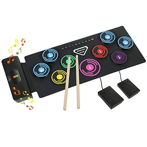 Elektronisches Schlagzeug Kit 9 Pads Tragbare Roll Up Midi Tabletop E-Drum Schlagzeug Set mit Eingebautem Lautsprecher Drum DTX Fußpedal Drumsticks für Kinder Anfänger  