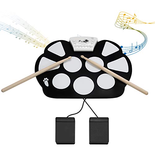 DREAMADE Roll Up Trommel mit 10 Pads, Elektronisches Schlagzeug mit Kopfhöreranschluss, Drum mit Aufnahme- & Wiedergabefunktion, E-Drum mit Drumsticks & Fußpedale, USB-Stromversorgung/Batterie  