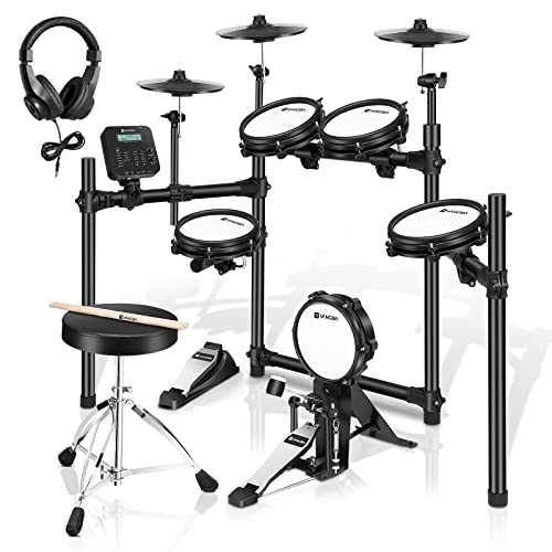 Vangoa Schlagzeug Elektronisch, E Drums für Anfänger Erwachsene mit 8 Zoll Mesh Head, Trommelthron, Sticks, Kopfhörer, Audiokabel Inklusive, USB-MIDI-Konnektivität  