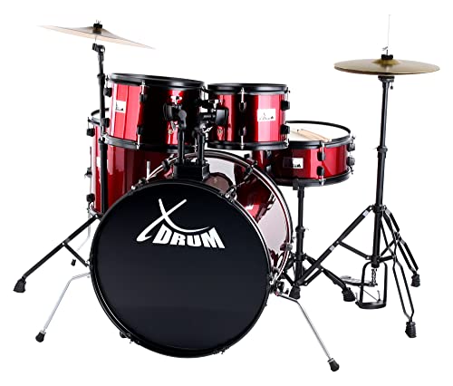 XDrum Rookie 22" Fusion Schlagzeug Komplettset Ruby Red - Ideal für Einsteiger - Stylische Hardware in schwarz - Inkl. Drumsticks, Aufbauanleitung und Schlagzeugschule - Rot  