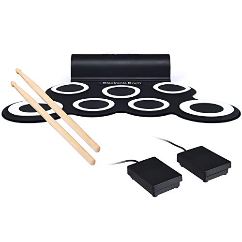 COSTWAY 7 Pads E-Drum elektronisches Schlagzeug Set mit 5 Töne 8 Demos, Roll-Up-Trommel inkl. 2 Pedale und Drumsticks für Kinder und Anfänger (Weiß)  