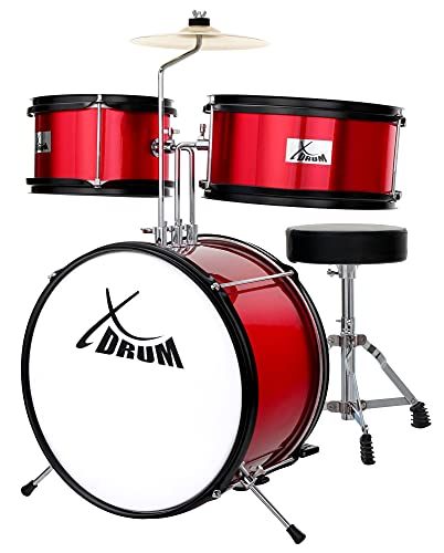 XDrum Junior KIDS Schlagzeug inkl. Schule - Kompaktes Kinderschlagzeug - Für Kinder im Alter von 3-5 Jahren - Kinderleichter Aufbau - Mit Schule, Hocker, Drumsticks & Stimmschlüssel - Rot  