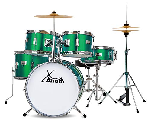XDrum Junior Pro Kinder Schlagzeug Emerald Green Sparkle - geeignet von 5-9 Jahren - Drumset mit komplettem Zubehör - inkl. Schule - Grün  