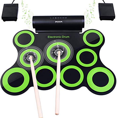 Elektronisches Schlagzeug, Drum Set, BONROB Roll Up Schlagzeug Midi Drum Kit mit Kopfhörer und eingebaute Lautsprecher Drum Pedals und Sticks, bis zu 10St. Weihnachtsgeschenk für Kinder  