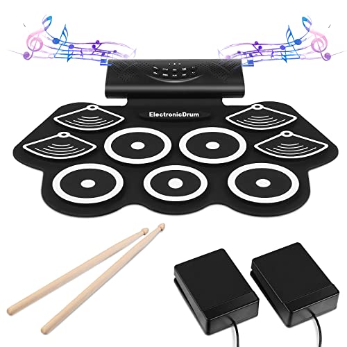 E-Drum, 9 Pads, mit Lautsprechern, 2 Pedalen, tragbare Rolltischtrommel, Drumsticks für Kinder und Anfänger  